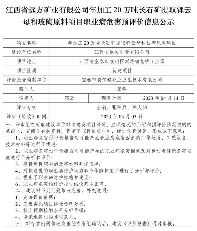1685425649383524.jpg (預(yù)評價信息公示)江西省遠(yuǎn)方礦業(yè)有限公司年加工20萬噸長石礦提取鋰云母和玻陶原料項目職業(yè)病危害.jpg